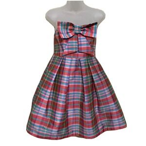 Eva Franco Strapless Dress Womens 2P Pink Rose Plaid Bow Fit Flare Party
